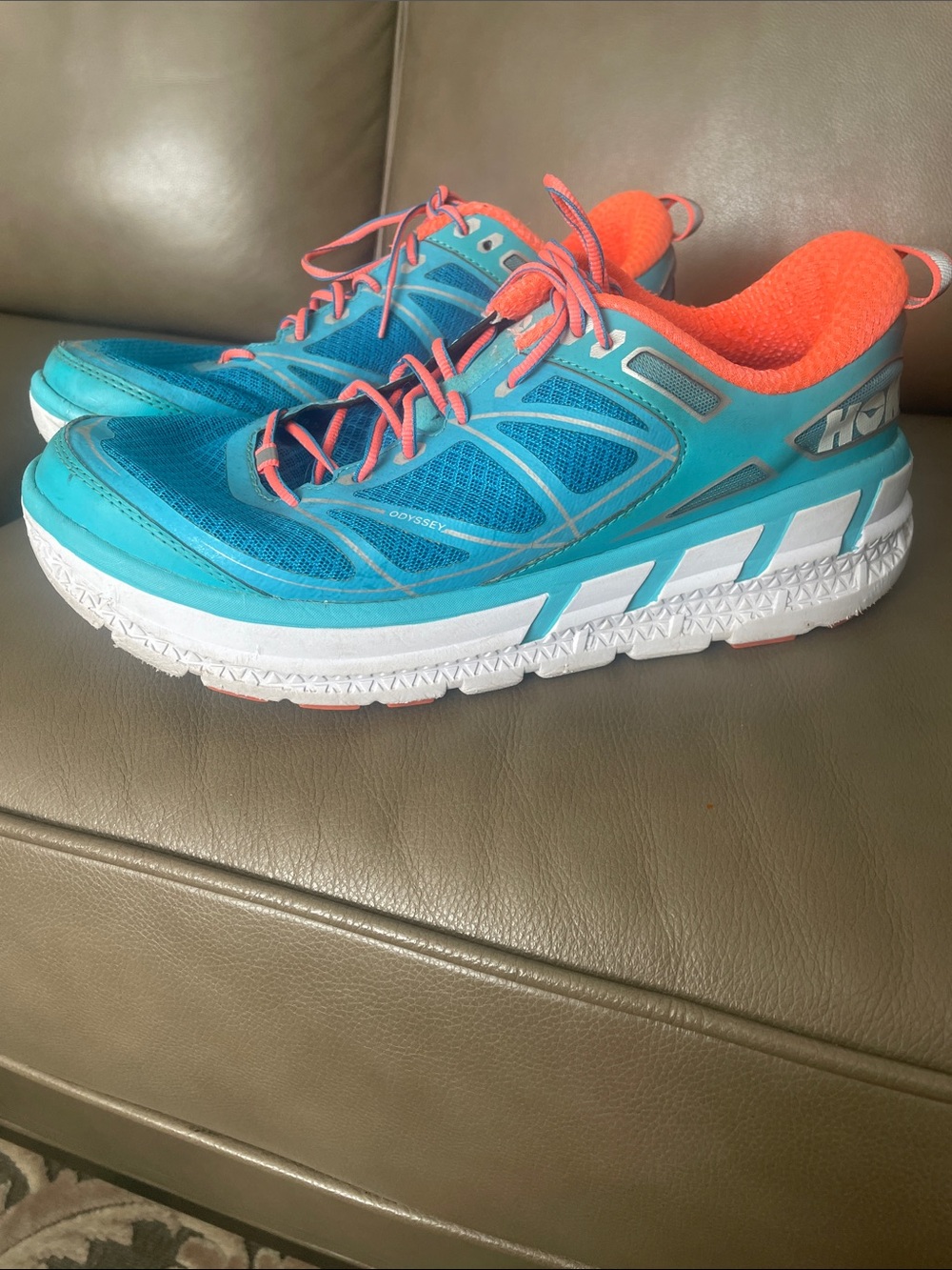 Hoka One One Women's Teal and Orange Cushioned Running Shoes - Picture 3 of 7
